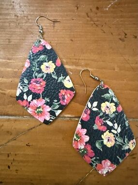 Floral Black Leather Teardrop Earrings with Pink & Yellow Blooms